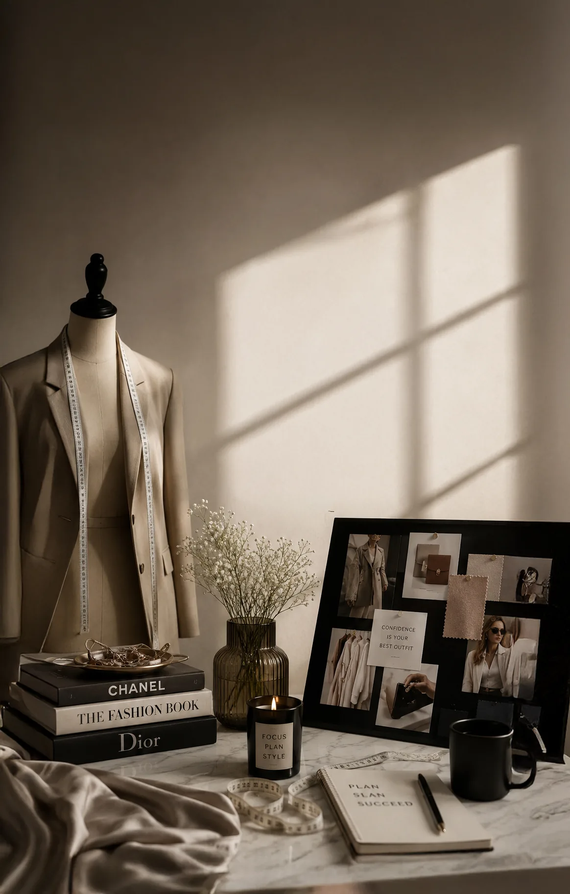 Styling desk with mannequin, mood board and notebook