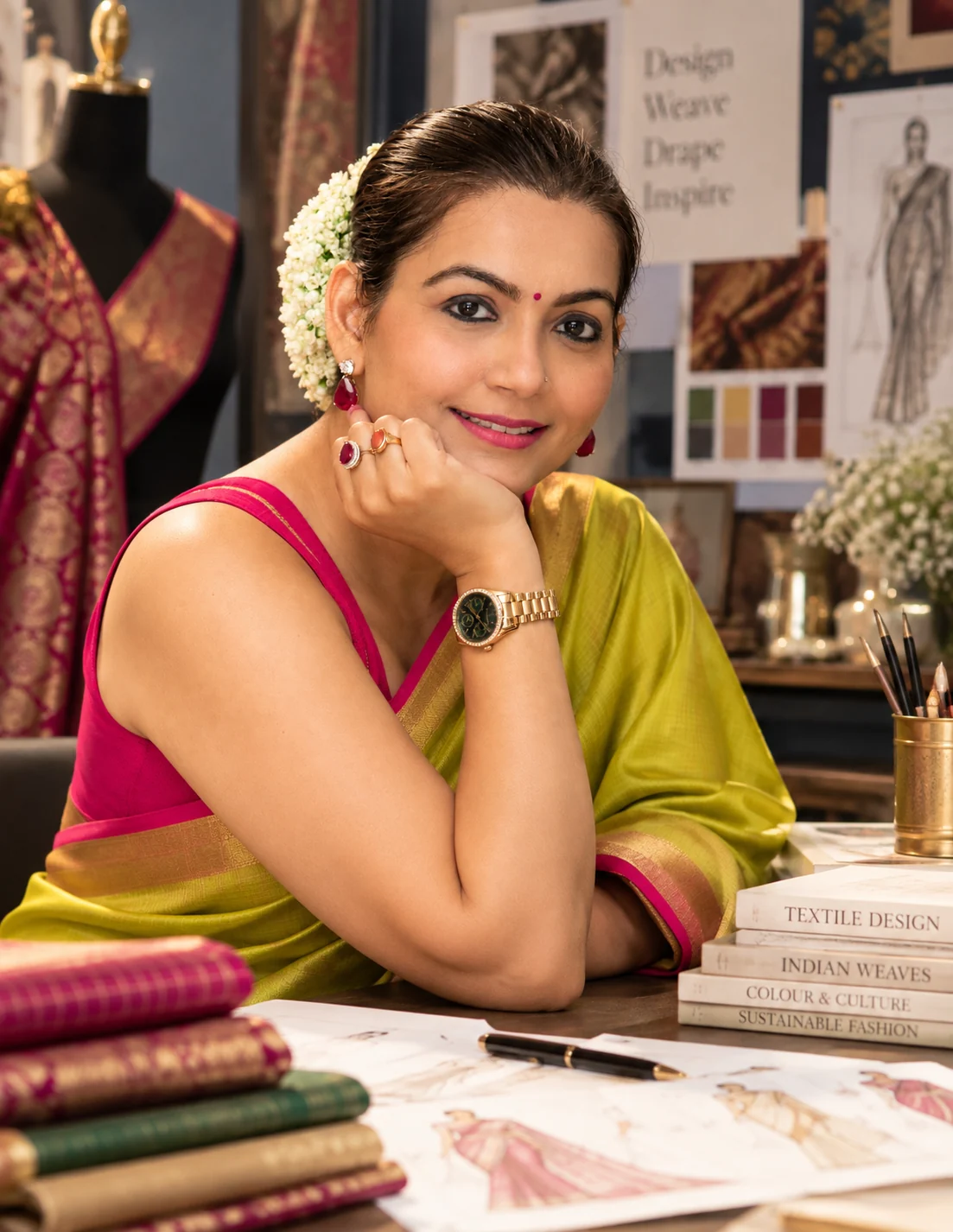 Somlata Sen at her studio desk with saree fabrics, sketches and reference books